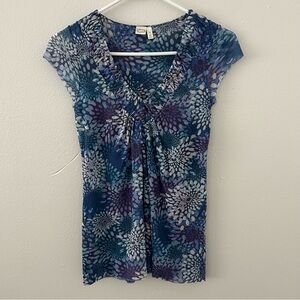 Johnny Heaven Floral Mesh Layered V-Neck Top Womens S Purple Blue Y2K Boho Artsy